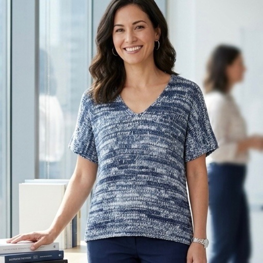 Eileen Fisher Women Blue White‎ Open Knit V-Neck Short Sleeve Sweater Small